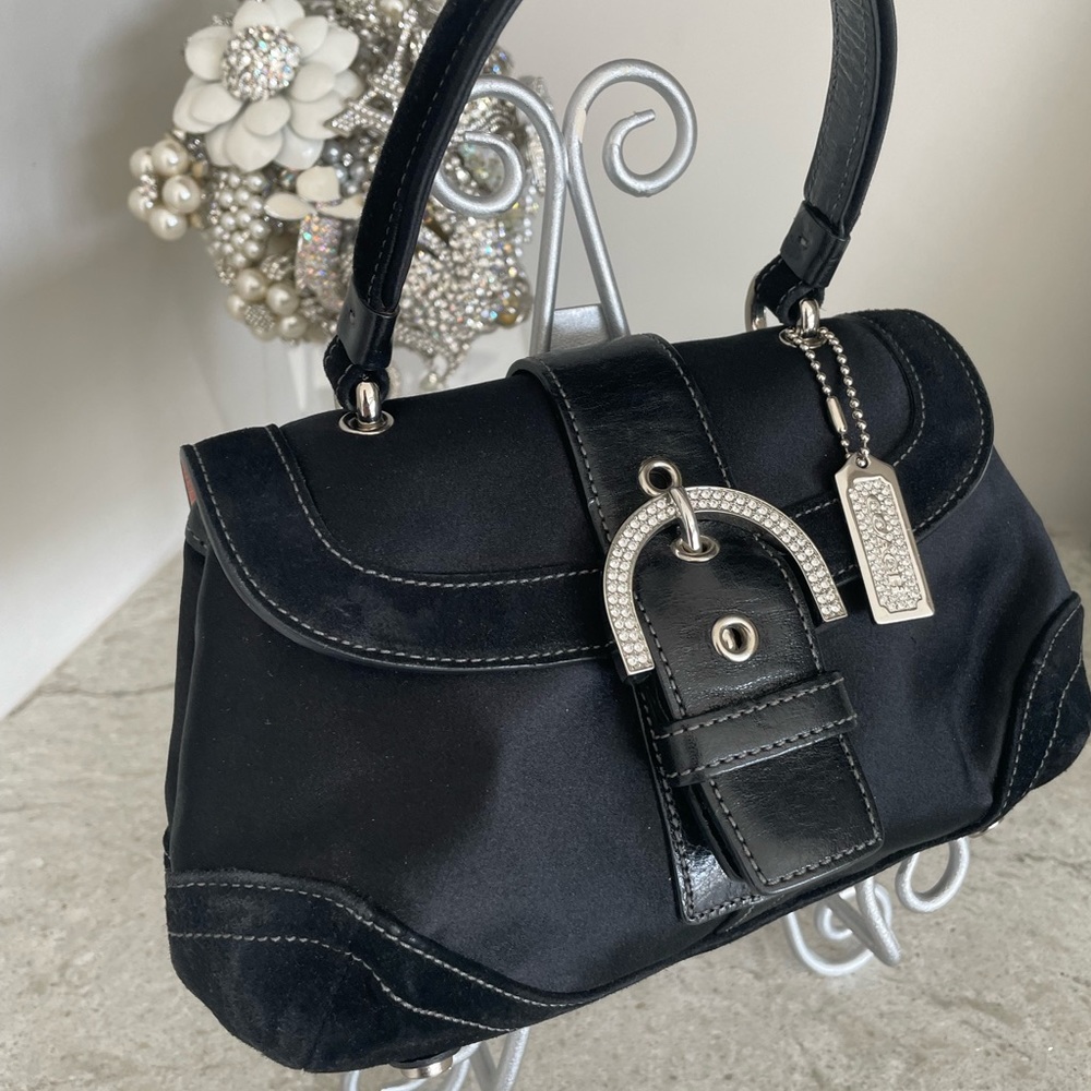 COACH Mini Black SATIN SUEDE LEATHER EVENING BAG with RHINESTONES.